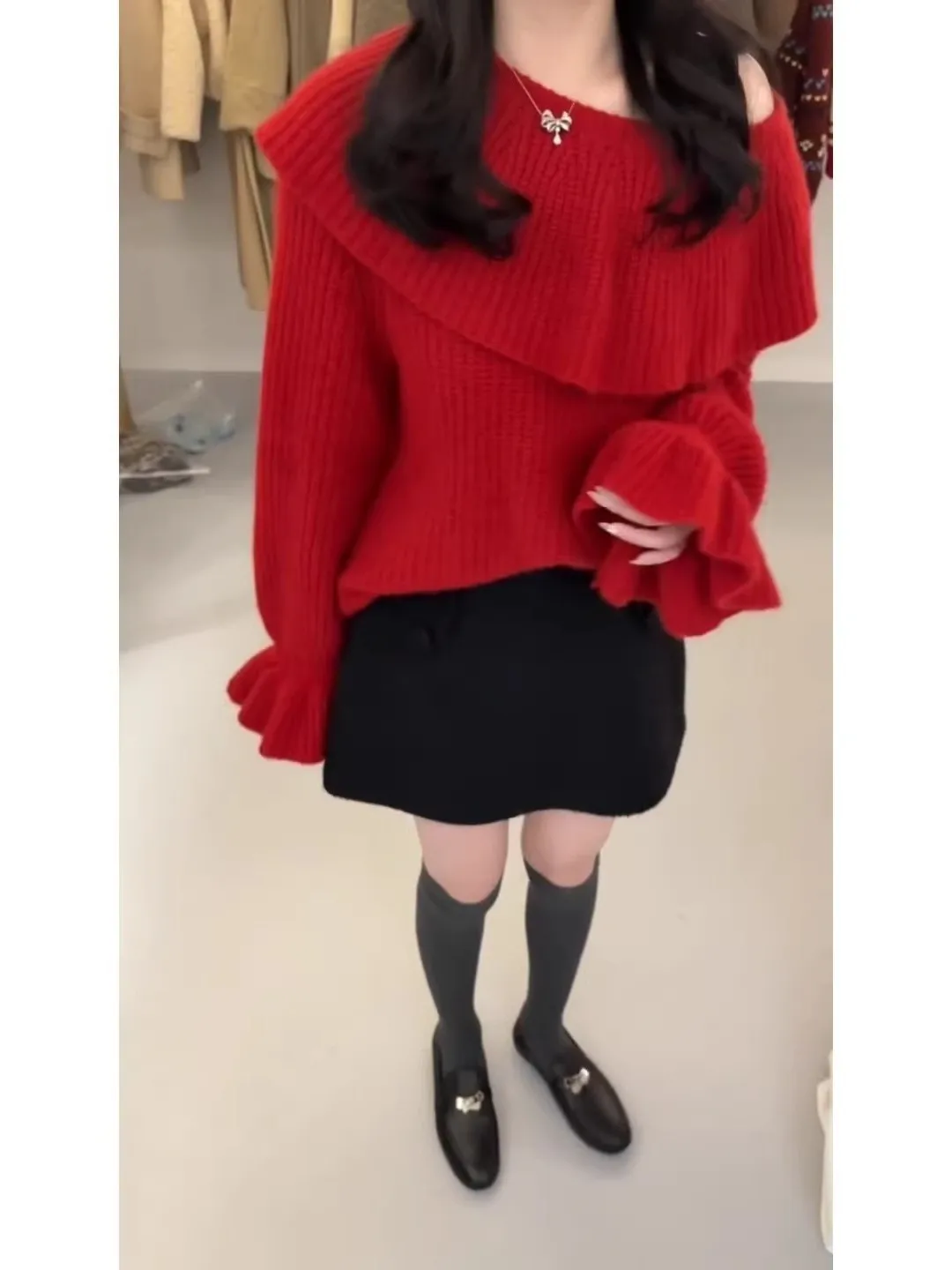 Suéter de malha solta vermelho com gola grande para mulheres inverno faion casual sle longo sve térmico confortável respirável