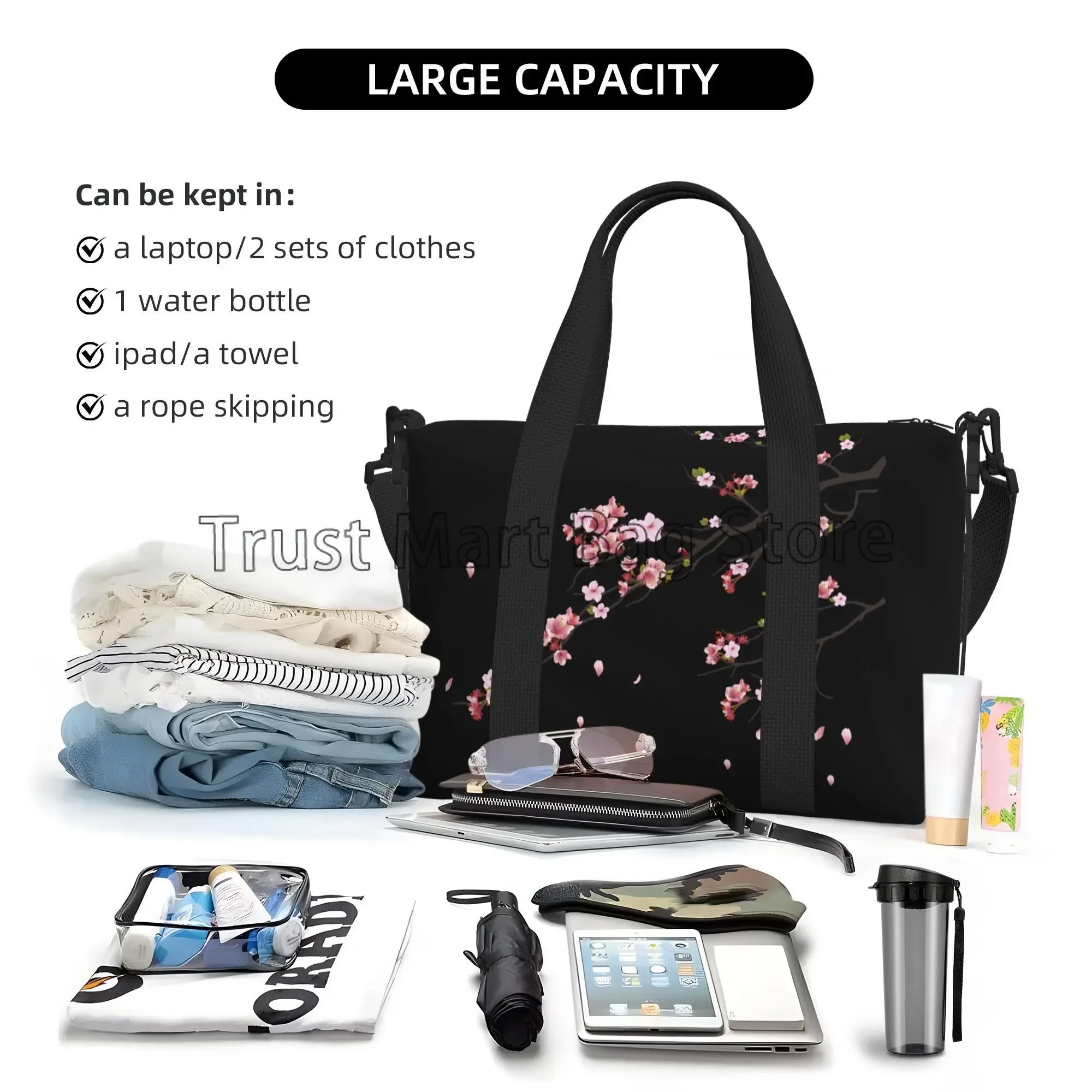 Japanese Sakura Cherry Blossoms Black Travel Bag Women Weekender Overnight Bags Unisex Casual Waterproof Luggage Bag