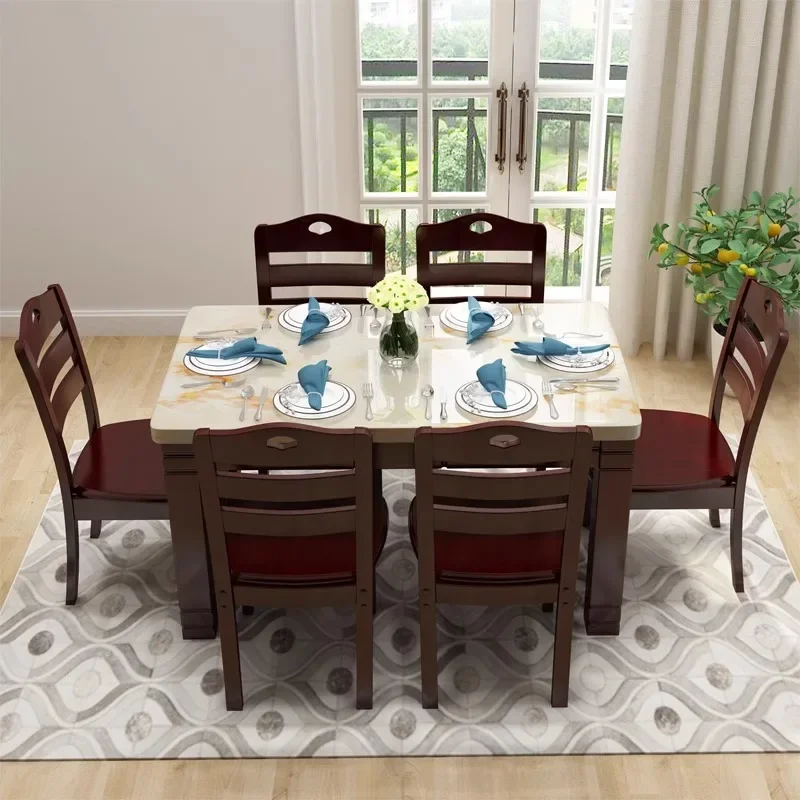 مجموعة طاولة طعام وكرسي من الخشب الصلب، شقة صغيرة، رخام، طاولة طعام غربية، مستطيلة #3