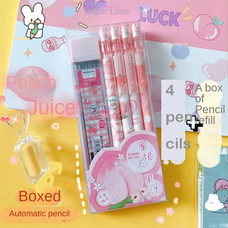 New Cute 4pcs/ Box 0.5mm Peach Cartoon High-Value Pink Automatic Pencil With Eraser Press Pens Students Kawaii School Stationery