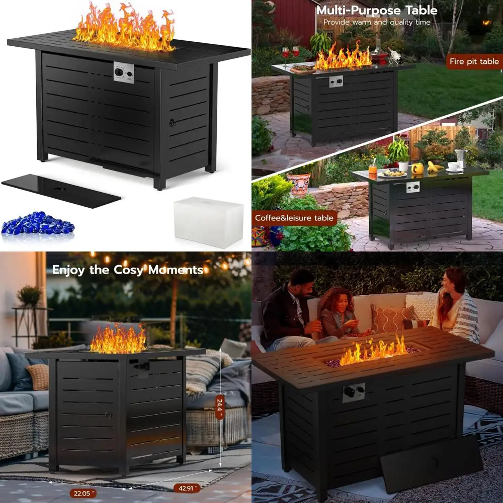 

Rectangular Outdoor Propane Gas Fire Pit Table with Lid and Rain Cover for Garden Backyard Use