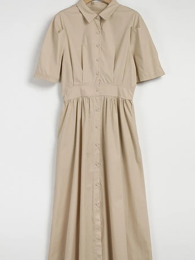 ブルーシャツドレス女性夏の新鮮なファッションウエスト締め半袖ターンダウン襟シングルボタン痩身ハイエンド感ドレス