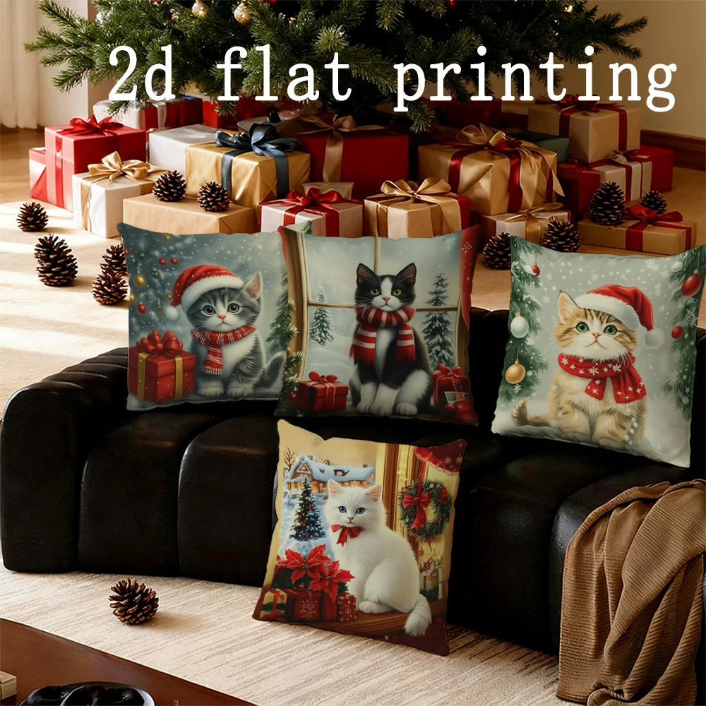 Home Decor Christmas Cats Pillow Covers for Cozy Decor Pattern Cushion Cover Suitable for Sofa Bedroom Car Pillow Cover