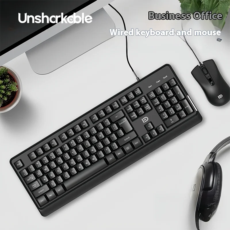 UNSHARKABLE IK6630 Wired Keyboard Mouse Combo Silent Typing Black Keycaps Punk Style Mute Design PC Laptop Compatible Desktop
