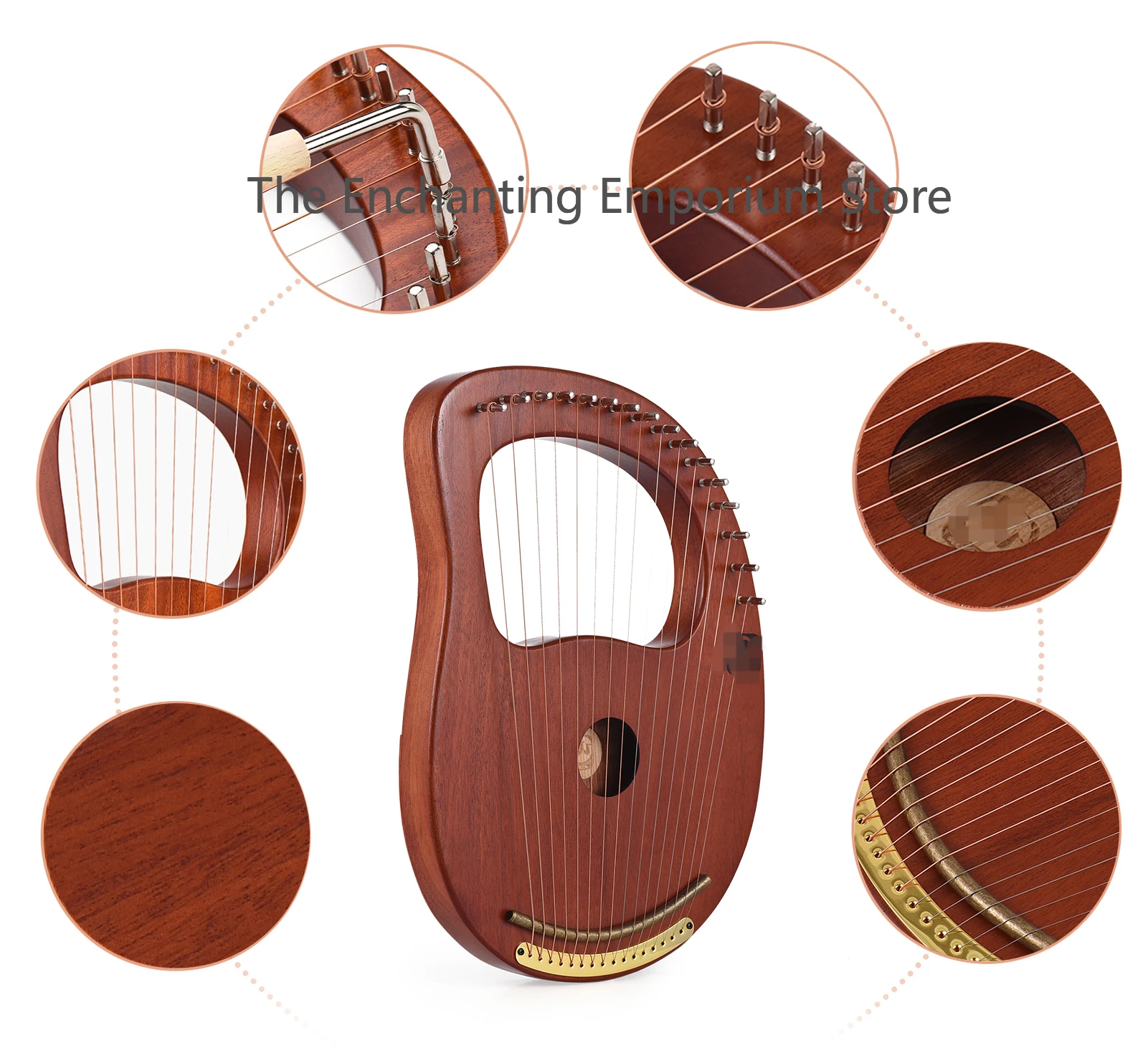 WH-16 16-String Wooden Lyre Harp Metal Strings Solid Wood String Instrument with Carry Bag Tuning Wrench Cleaning Spare