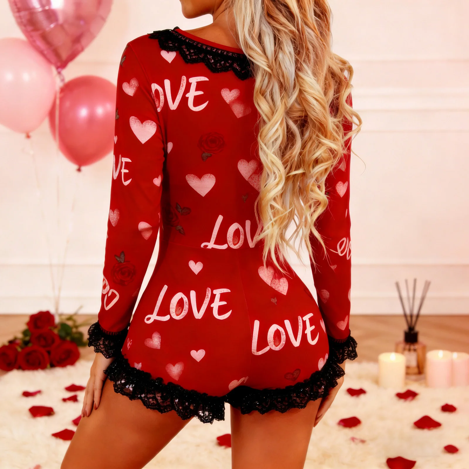 Damska piżama na Walentynki, szorty, kombinezon, długi rękaw, dekolt w serek, koronkowe wykończenie, nadruk serca, kombinezon do spania
