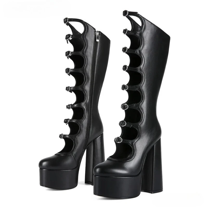 

Luxury Women Shoes Sexy Black Zipper Knee-High Boots Women Platform Square Heel Round Toe High Heels Spring Summer Parties Boots