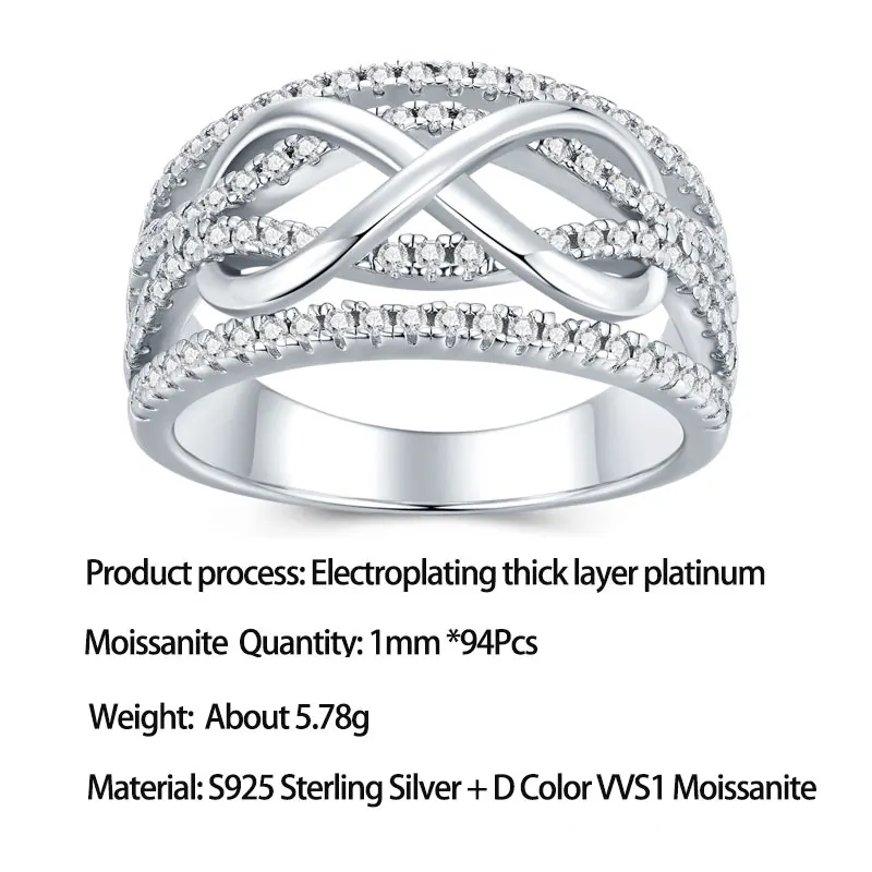 LinkerLove S925 Sterling Silver Infinity Wave Shape Wedding Band Moissanite White Gold Plated Diamond Engagement Ring for Women