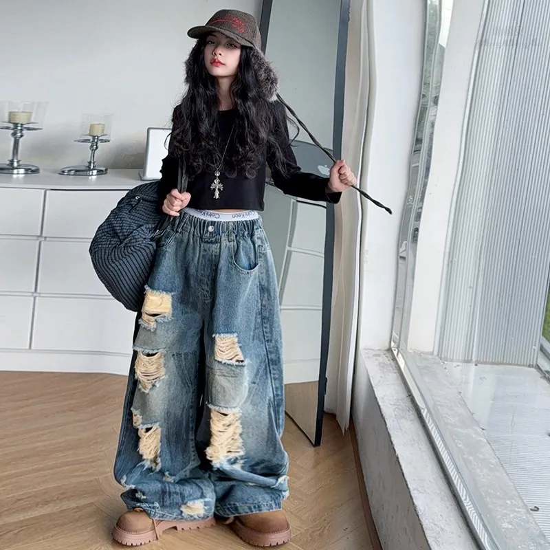 2026 Girls Fashion Vintage Ripped Flare Jeans Teens Childen Spring Autumn Loose Wide Leg Floor-Length Pants Trousers
