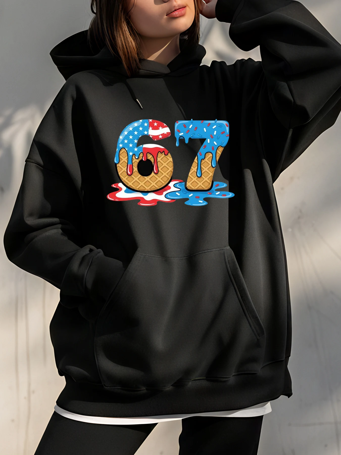 Hoodie American Flag 67 Ice Cream Print Casual Sweatshirt Women's Fashion Streetwear Unisex Pullover Outfit