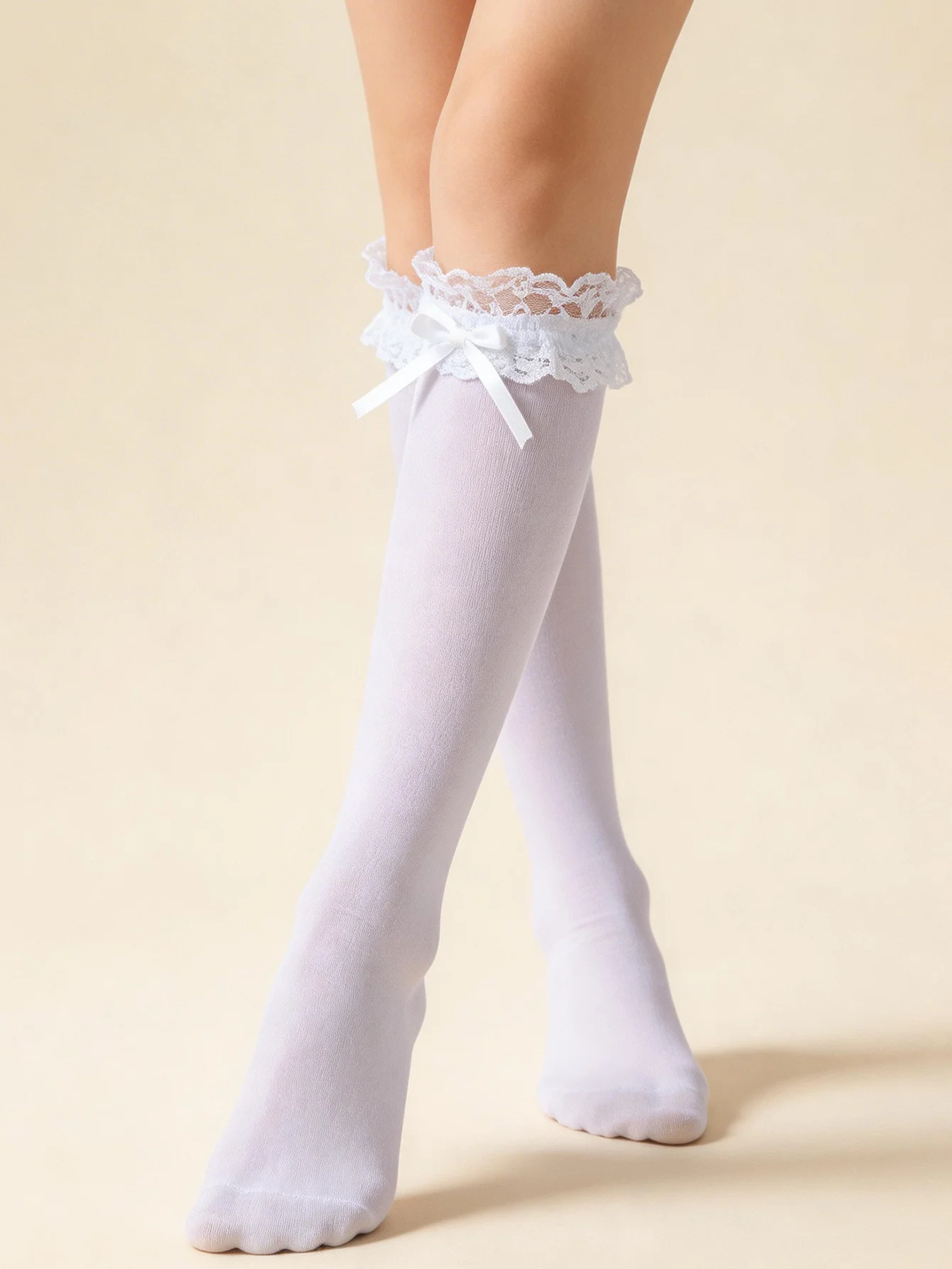 Women White Knee High Socks Delicate White Lace Ruffle Cuff Small Satin Bow Mid‑Calf Socks Sweet Lolita Jk Style Soft Daily Sock