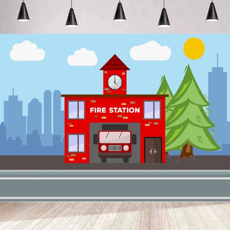 

Fire Station Party Photography Backdrop Fire Truck Cake Table Decor Alarm Bell Fire Hydrant Fire Background Wall Banner Poster