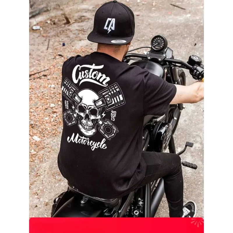 

2025New American Locomotive May Khaki Print Short Sleeve T-shirt Rock Skull American Retro Harley Motorcycle Trend Locomotive