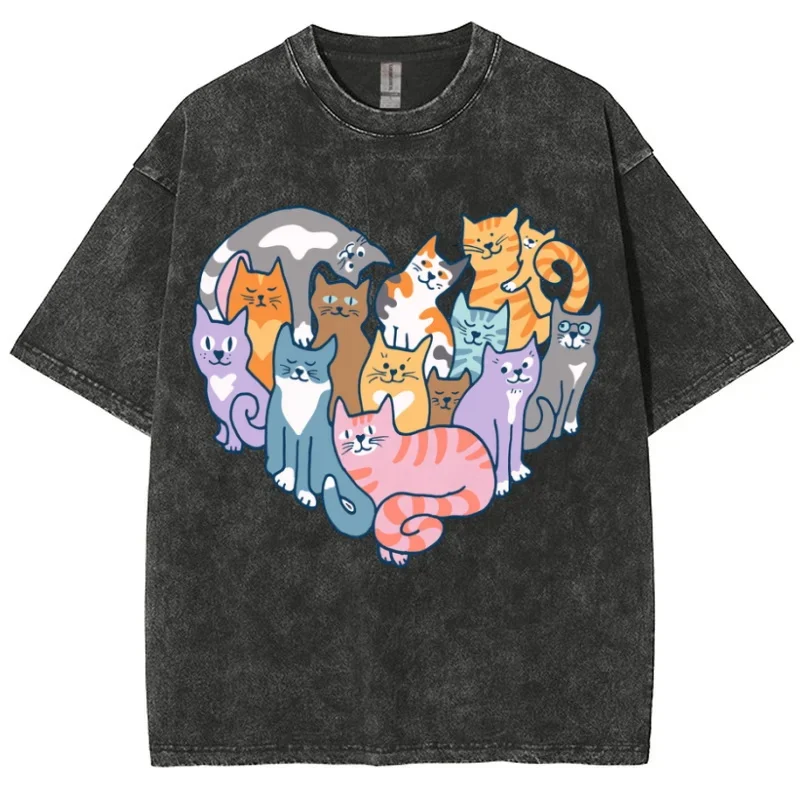 

Vintage Women's Short Sleeve Washed Denim Round Neck Loose Cat Print Love Print Cute Personality Fashion Street Casual T-shirt