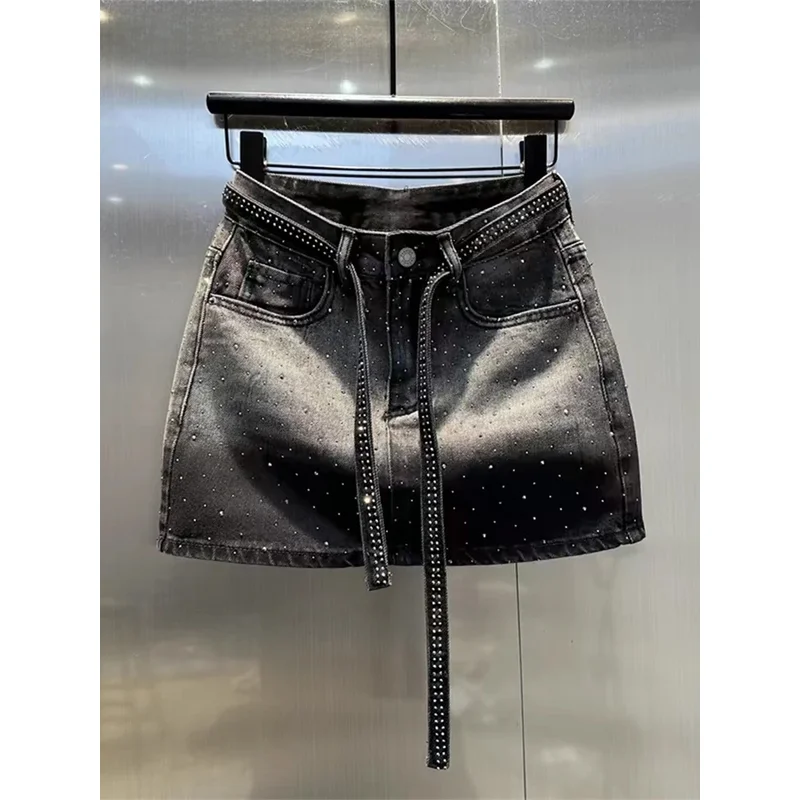

Retro Gradient Color Hot Diamond Denim Skirt Women Summer Oversized Hot Girl Fashion High Waist A-line Skirts Sexy Mini Skirt