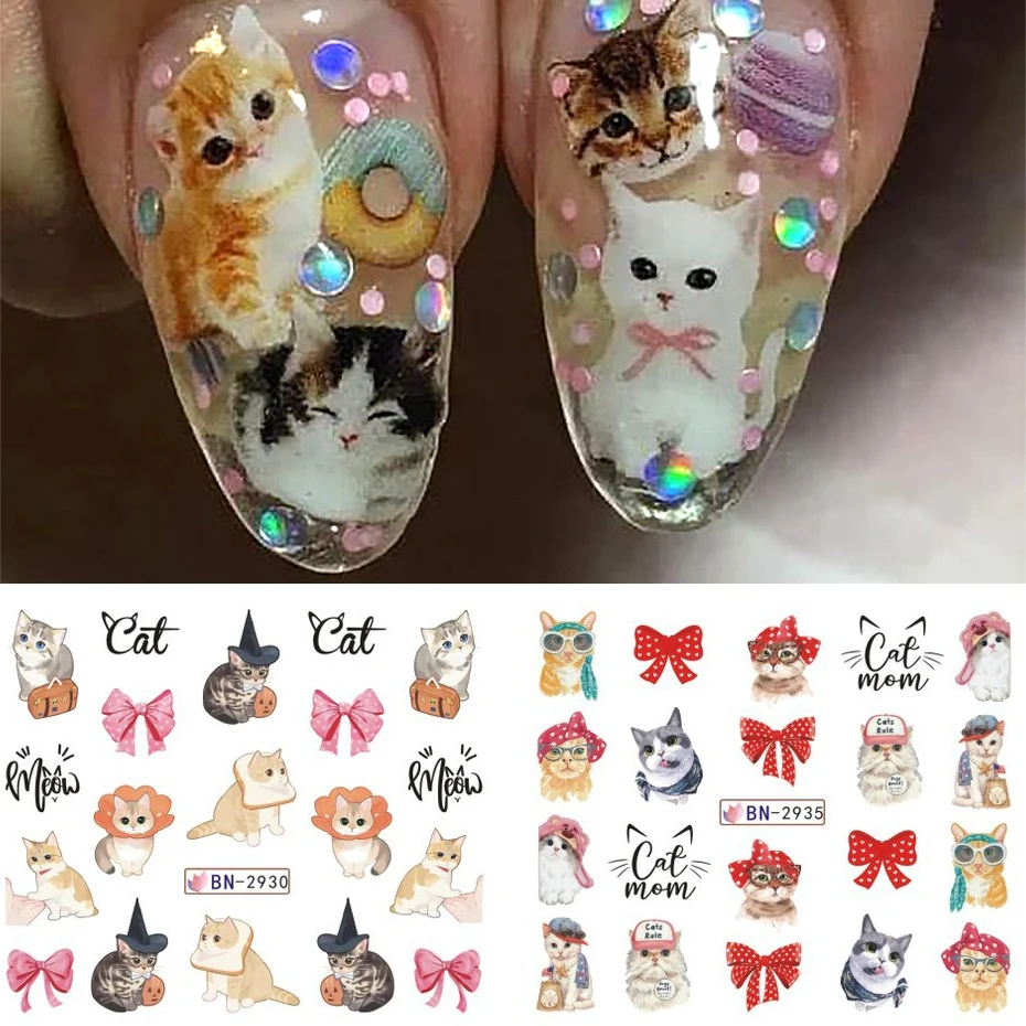 12 sztuk słodki kociak paznokci naklejka wodna Kawaii Anime akwarela projekt folia na naklejki do paznokci Cartoon znak wodny Transfer Manicure suwak — zdjęcie 4