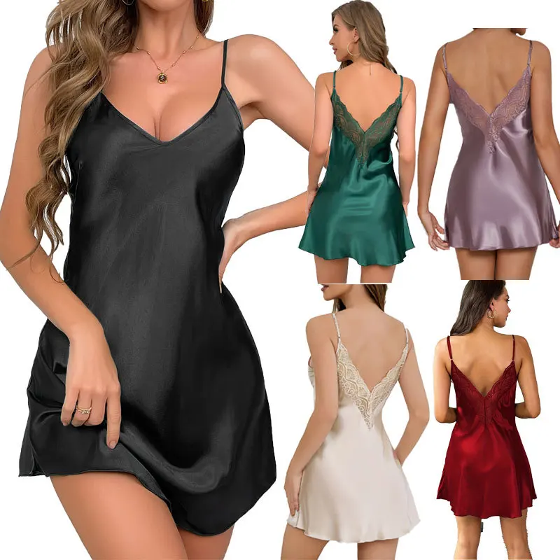

Sexy V-neck sleep dress with lace trim and spaghetti straps at the back for women, sexy pajamas