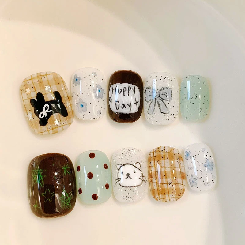 10 Stück kurze, ovale, schwarze, niedliche Katzen-Press-on-Nägel, wiederverwendbare, abnehmbare Nagel-Patches, künstliche Nägel, Nagelkunst-Aufkleber – Detail 8