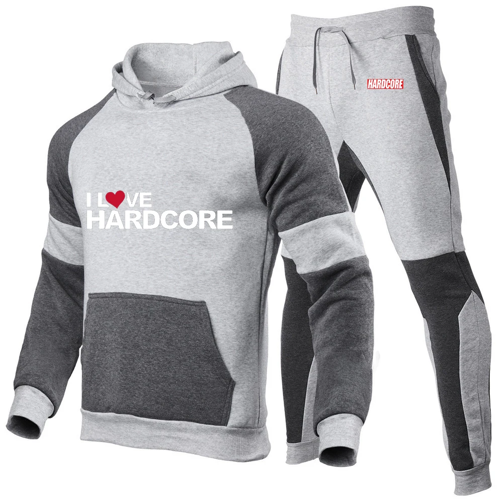 Hardcore marca masculina primavera e outono novos ternos impressão casual pulôver cor combinando com capuz + moletom conjunto de duas peças