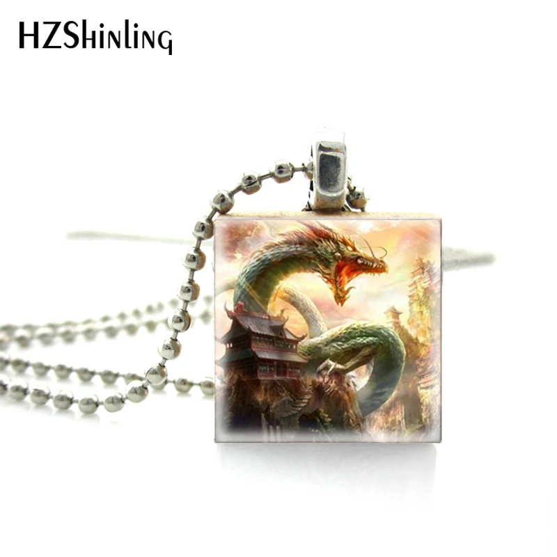 2018 New Trendy Fashion Vintage Style Fire Breathing Dragon Pictures Ball Chain Necklace Huge Dragon Scrabble Game Tile Jewelry