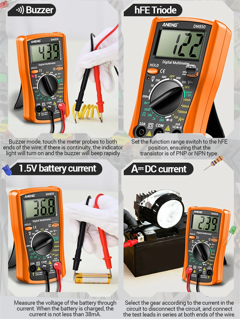 Multifunktionales ANENG DM850 Multimeter, 1999 Zähler, Summer, Datenhaltefunktion, Transistor, Haushaltsstromkreis, Elektrisches Reparaturmessgerät, Werkzeuge – Detail 11