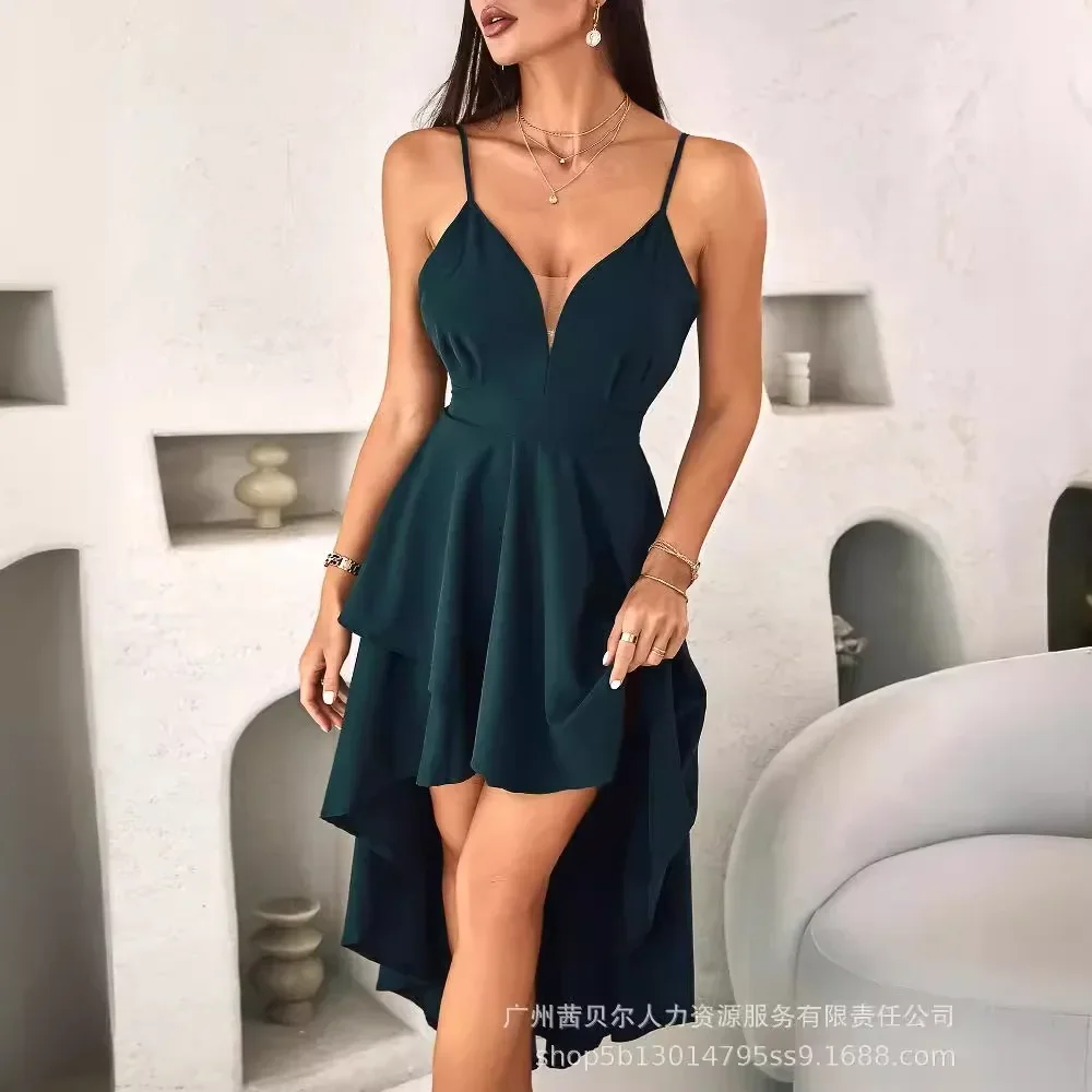 Women Long Loose Dress Sleeveless V Neck Solid Color High Waist Ruffles Sexy Fashion Dress