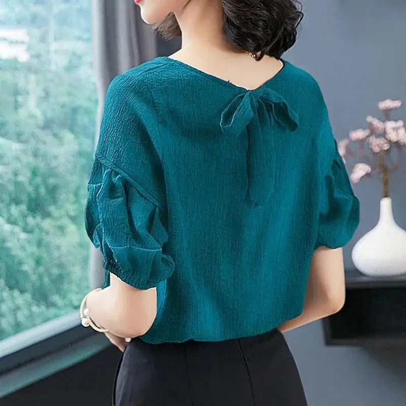 Eisse ide Kurzarm Chiffon Shirt für Frauen Sommer neue solide lose All-Match Aushöhlung Casual Tops Vintage Mode Kleidung