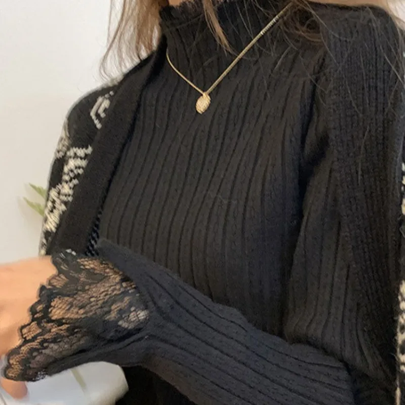 Jerséis de punto para mujer, suéter ajustado con cuello simulado, encaje elástico, suéteres de punto para otoño e invierno, capa Base elástica, jerséis para mujer