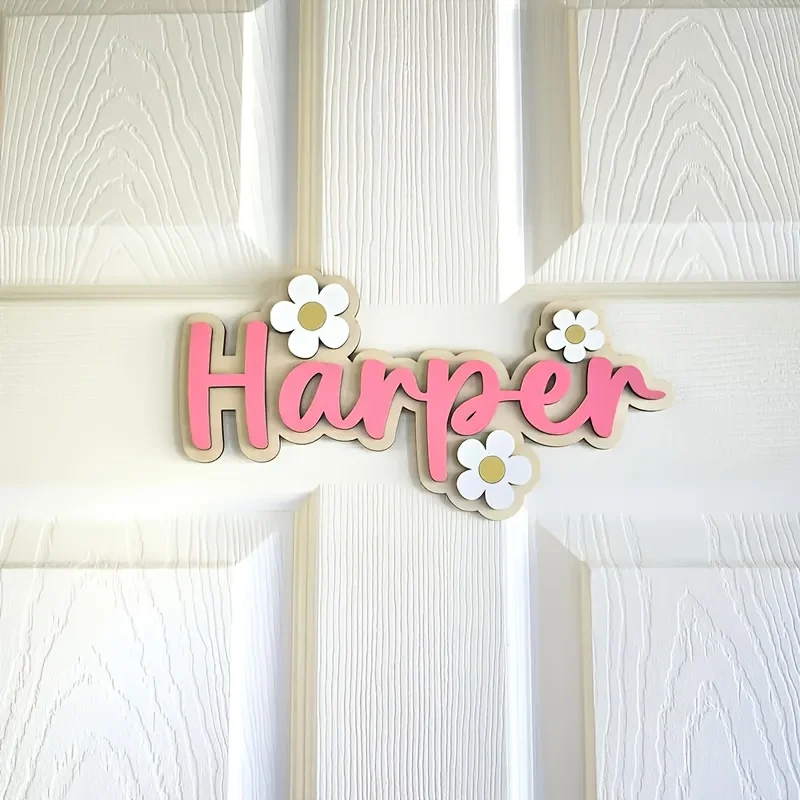 A double-layer letter wooden custom surname brand, with cute floral decorations on the wall, perfect birthday gift image 4