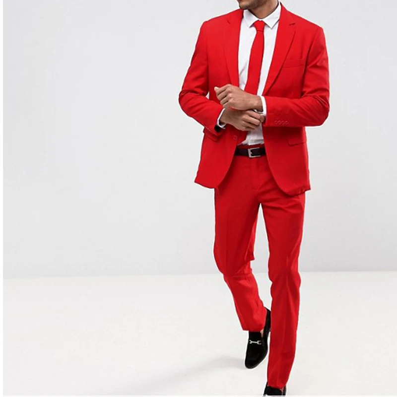 

Slim Fit Red Casual Men Suit For Prom 2 Piece Wedding Tuxedo Custom Man Fashion Groomsmen Costume Jacket With Pants