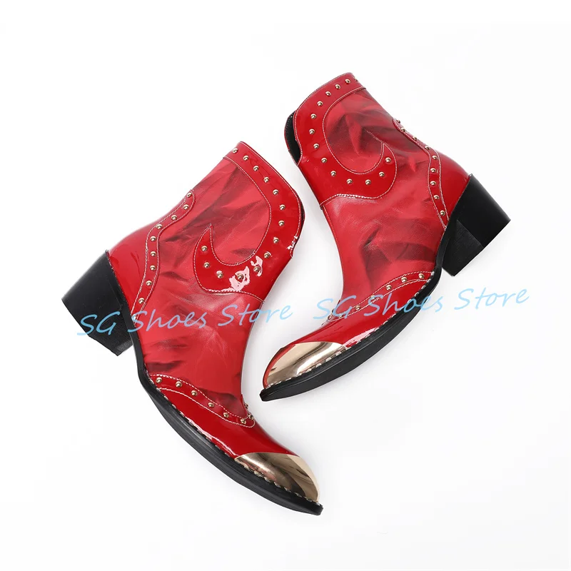 

British Style Metal Round Toe Chelsea Boots for Men Metal Rivet Chunky Heel Western Cowboy Boots Male Leather Casual Shoes