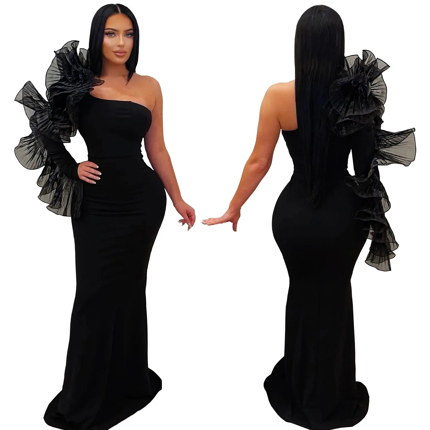 2026 New Black Ruffle Sexy One Shoulder Sleeve Dress Evening Dress Elegant Mermaid Long Order Wedding Ball Party Dress
