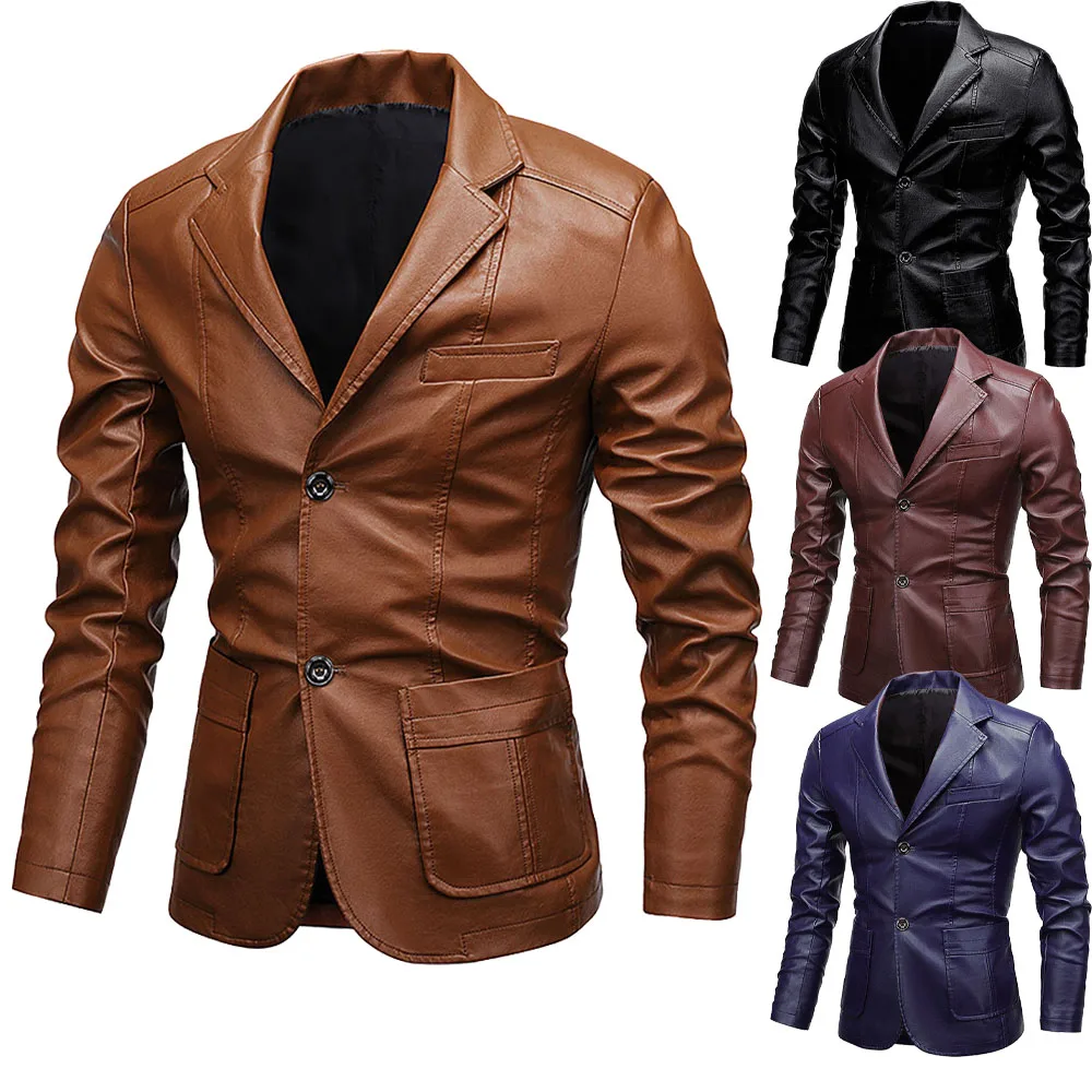 Men's PU Leather Jackets for Men Autumn Jacket Button Turn Down Collar Business Coat Biker Motocycle Jacket Slim Fit