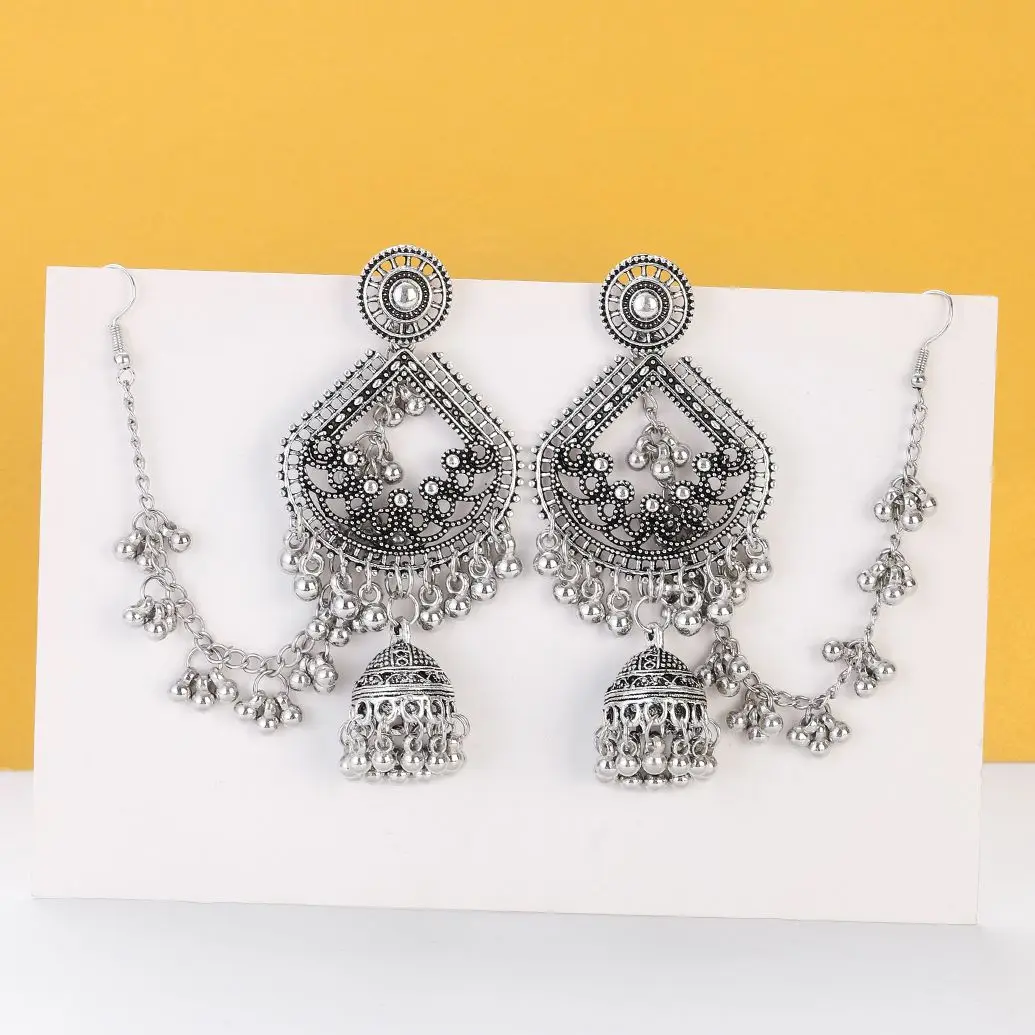Boho Silber Farbe indischen Ohrring Link Kopfschmuck Frauen Vintage Metall kette Perlen Laterne