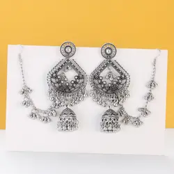 Boho Silver Color Indian Earring Link Headdress Women Vintage Metal Chain Beads Lantern Pendant Earrings Fashion Bridal Bijoux