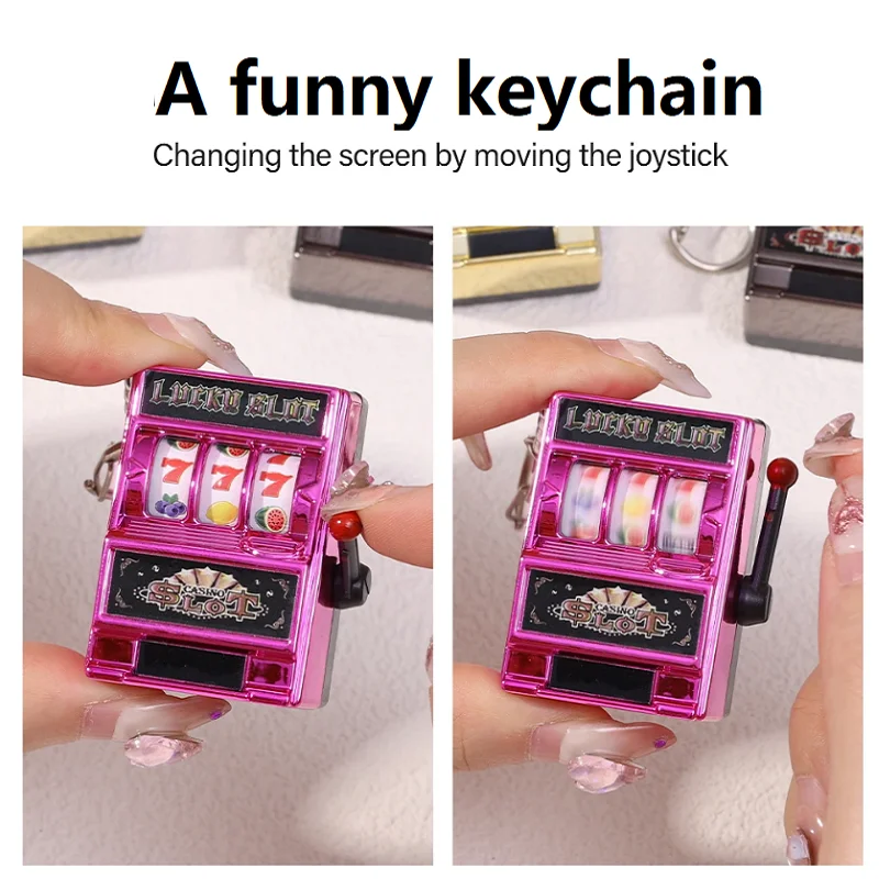 Funny Mini Slot Machine Keychain Luck Fruit Slot Gaming Machine Toy Keyring Lotto Game Bingo For Kid Cool Bag Pendant Charm Gift