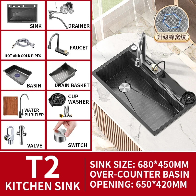 

Waterfall Sink Kitchen Stainless Steel Topmount Sink Embossed Large Single Slot Wash Basin With Multifunction Tank Low Price