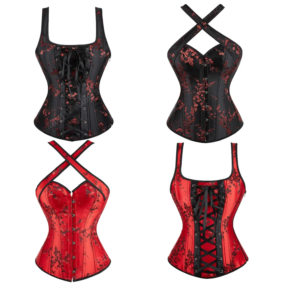 Corset with Straps for Women Floral Jacquard Corset Bustiers Black Gothic Tops Plus Size Lace Up Corsets Vintage Red XS-7XL