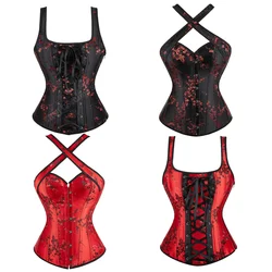 Corset with Straps for Women Floral Jacquard Corset Bustiers Black Gothic Tops Plus Size Lace Up Corsets Vintage Red XS-7XL