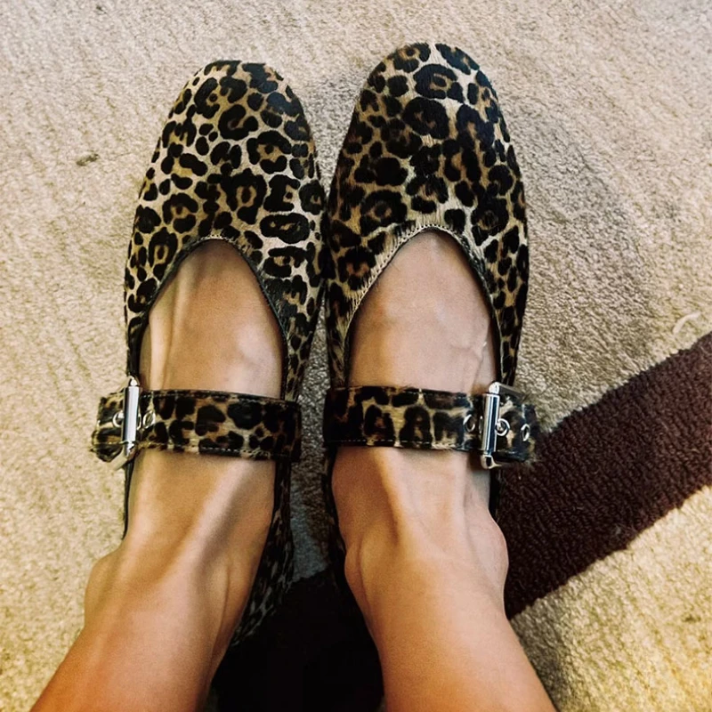 

Horsehair Leopard Mary Jane Flats Shoes 2025 new summer walking shoes shallow buckle soft and comfortable ballet flats