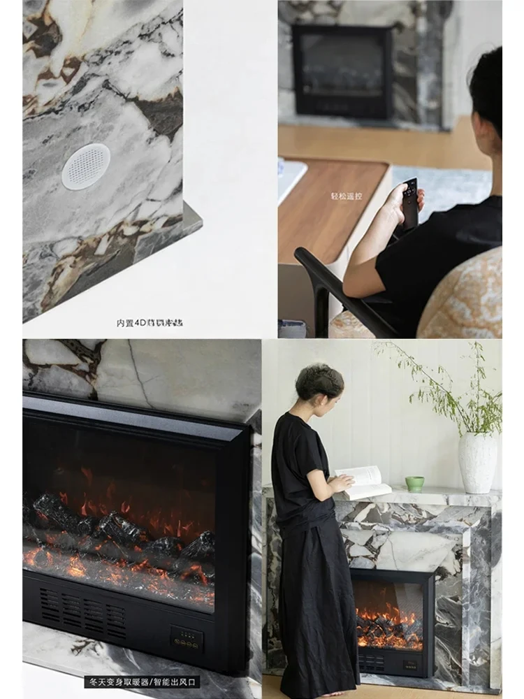 Rare blue grain/Turkish marble feeling simulated fire smart fireplace solid wood storage
