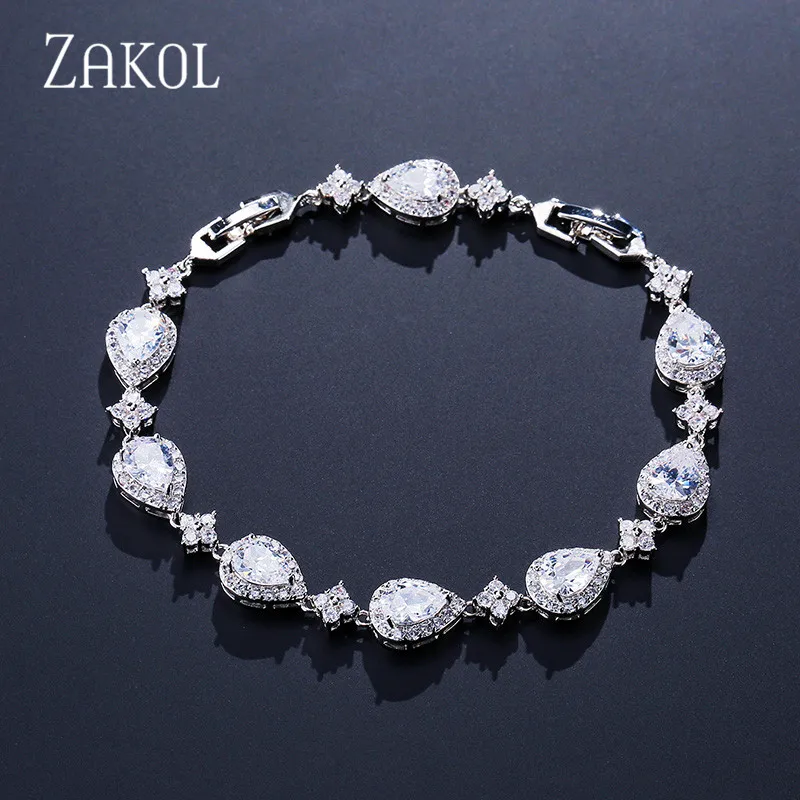 ZAKOL Trendy White Gold Color Cubic Zirconia Stone Big Water Drop Shape Bracelet & Bangle For Women Party Jewelry FSBP2014