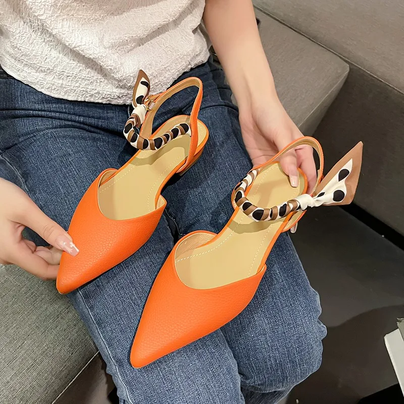 Pointed Toe Low Heel Sandals 2023 Summer Women\'s Shoes Luxury Woman Clothes Elegant Party Korean Orange Shoes with Ties Designer