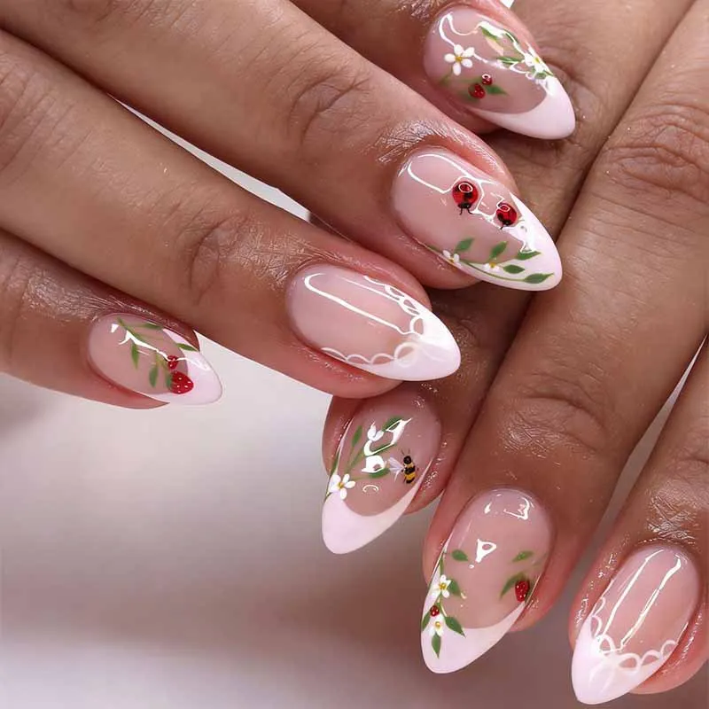 

3D накладные ногти с бантом, средней длины, в форме миндаля, с жемчугом, готовые к носке, полностью покрывающие ногти, французские накладные ногти, накладные ногти с цветочным дизайном, накладные ногти для нейл-арта