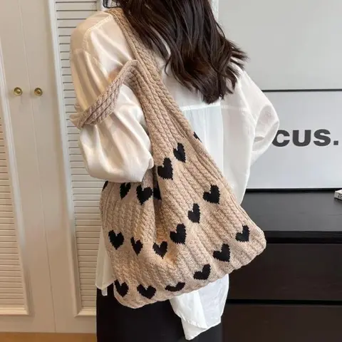 Knitted Handbags Heart Pattern Blocking Crochet Shoulder Bags Large Capacity Fashion Beach Bag Versatile Commute Women’s Bag Best5 Knitted Handbags Heart Pattern Blocking Crochet Shoulder Bags Large Capacity Fashion Beach Bag Versatile Commute Women’s Bag Best5