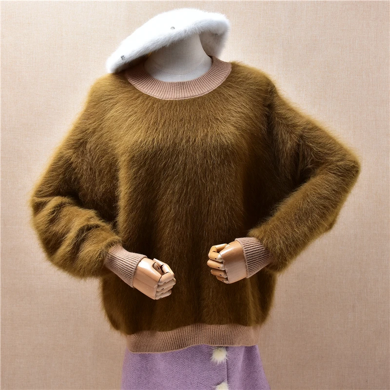 

Women Mujer Autumn Winter Clothing Hairy Plush Mink Cashmere Knitted O-Neck Long Sleeves Loose Pullover Sweater Jumper Pull Tops