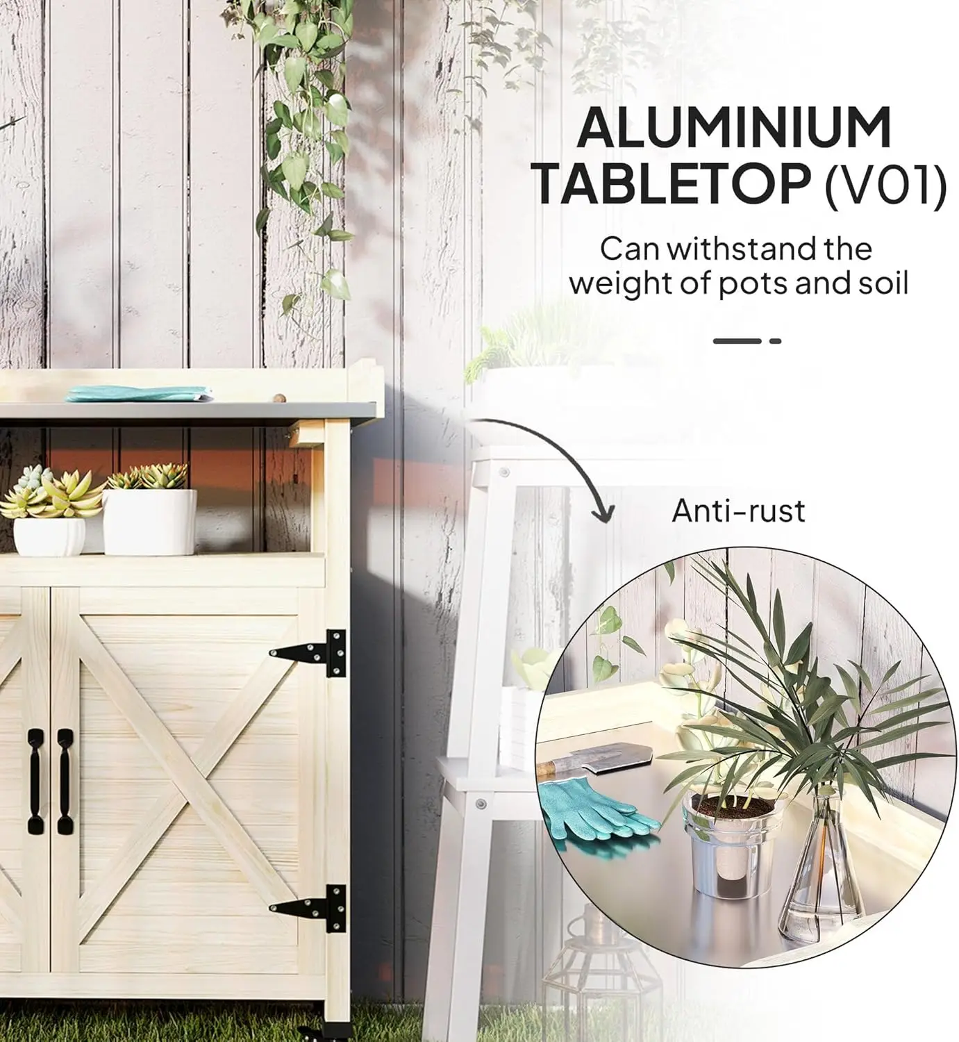 For Outdoor Wooden Potting Bench Table Garden Workstation Storage Cabinet Aluminum Top Rubber Wheels Backyard Patio Balcony