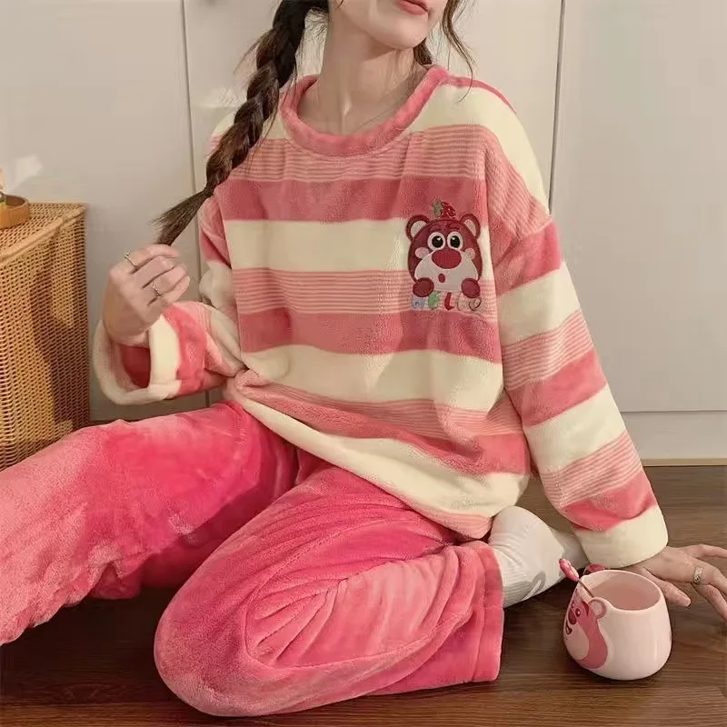 

Winter Coral Fleece Pajamas Women's Thickened Lotso Sleepwear Set Girls Warm Home Clothes Nightgown Casual Loungewear Set ﻿