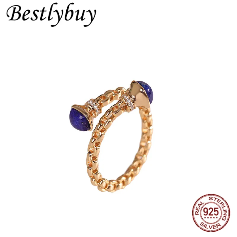 

Кольцо из стерлингового серебра 925 пробы с натуральным лазуритом/бирюзой, модное, для женщин, легкая роскошь, 18-каратное золото, французские высококачественные ювелирные изделия