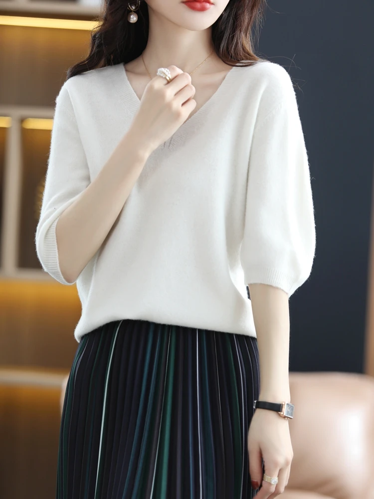 Spring Summer Women Sweater 100% Merino Wool Knitwear Office V-neck Half Sleeve Pullover Lady Basic Grace Cashmere Clothing
